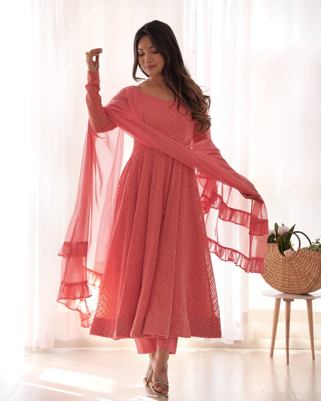 Incredible Peach Lucknawi Work Georgette Anarkali Suit With Ruffle Dupatta