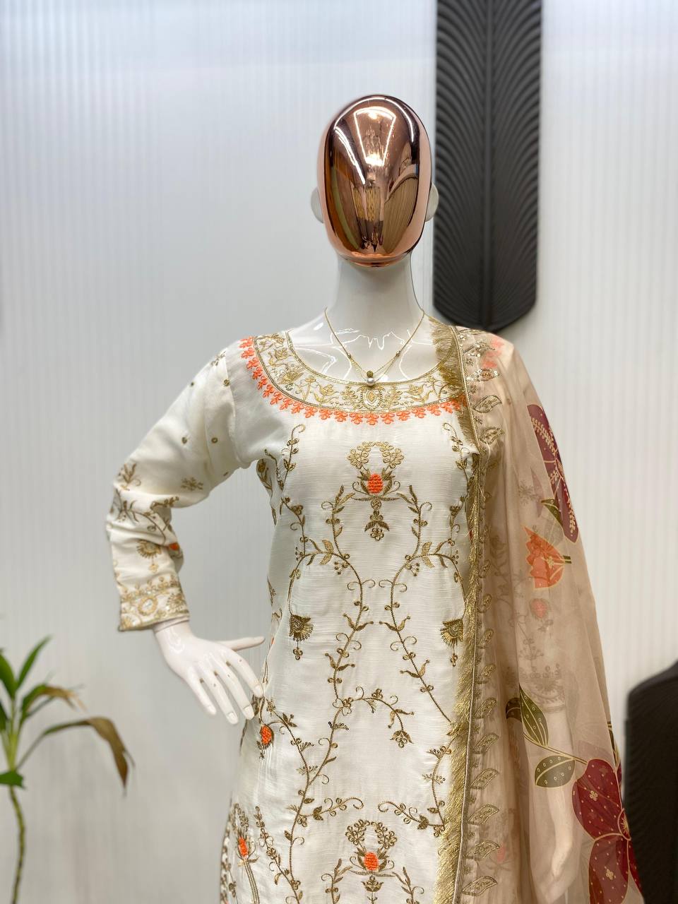 Ivory Blossom Embroidered Sharara Suit Set with Floral Dupatta