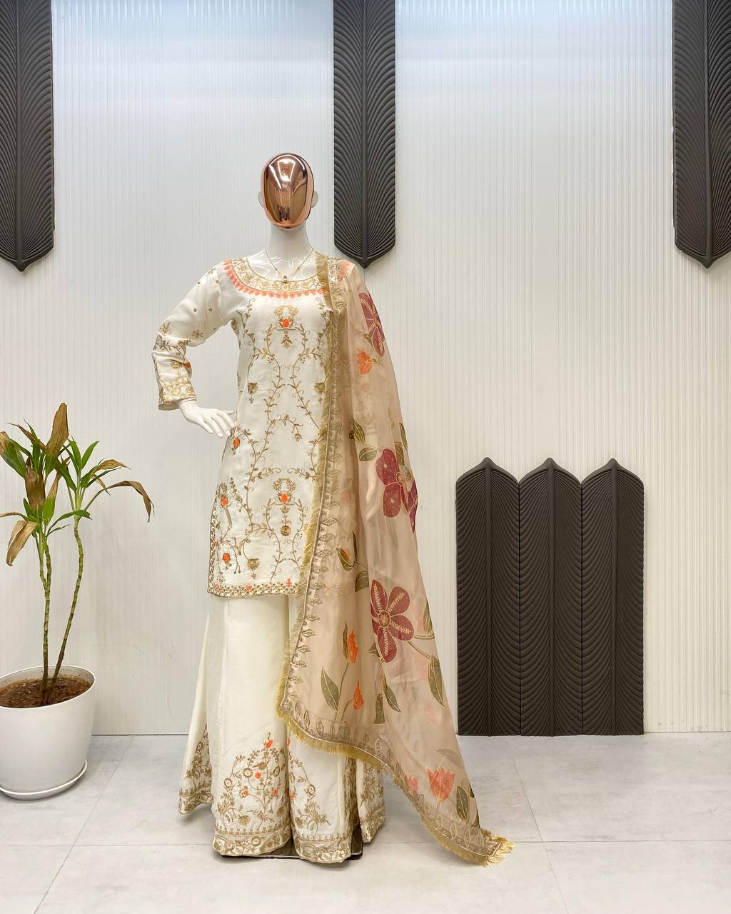 Ivory Blossom Embroidered Sharara Suit Set with Floral Dupatta