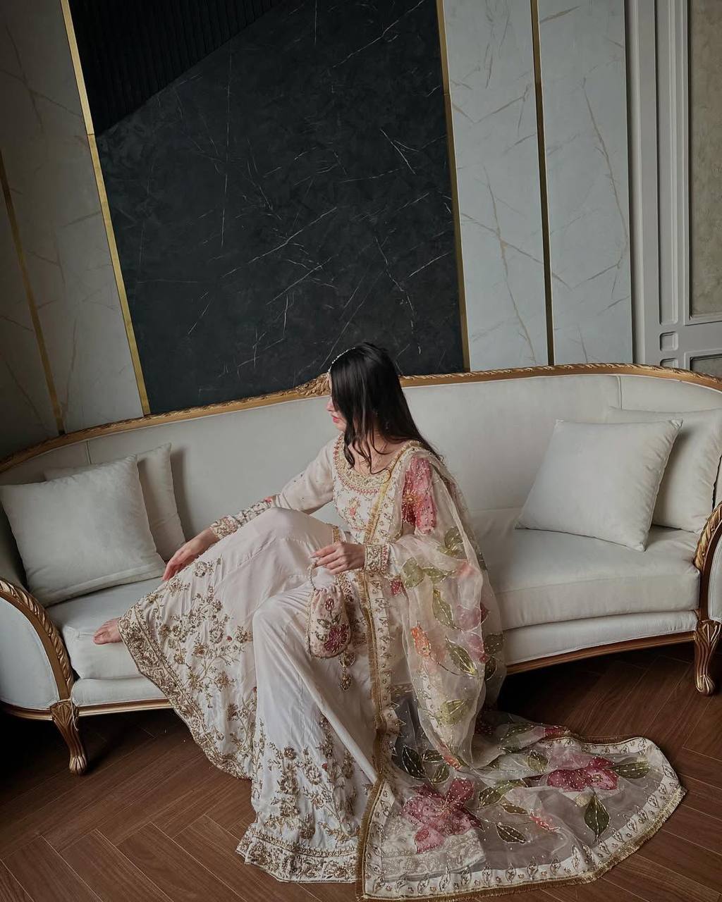 Ivory Blossom Embroidered Sharara Suit Set with Floral Dupatta