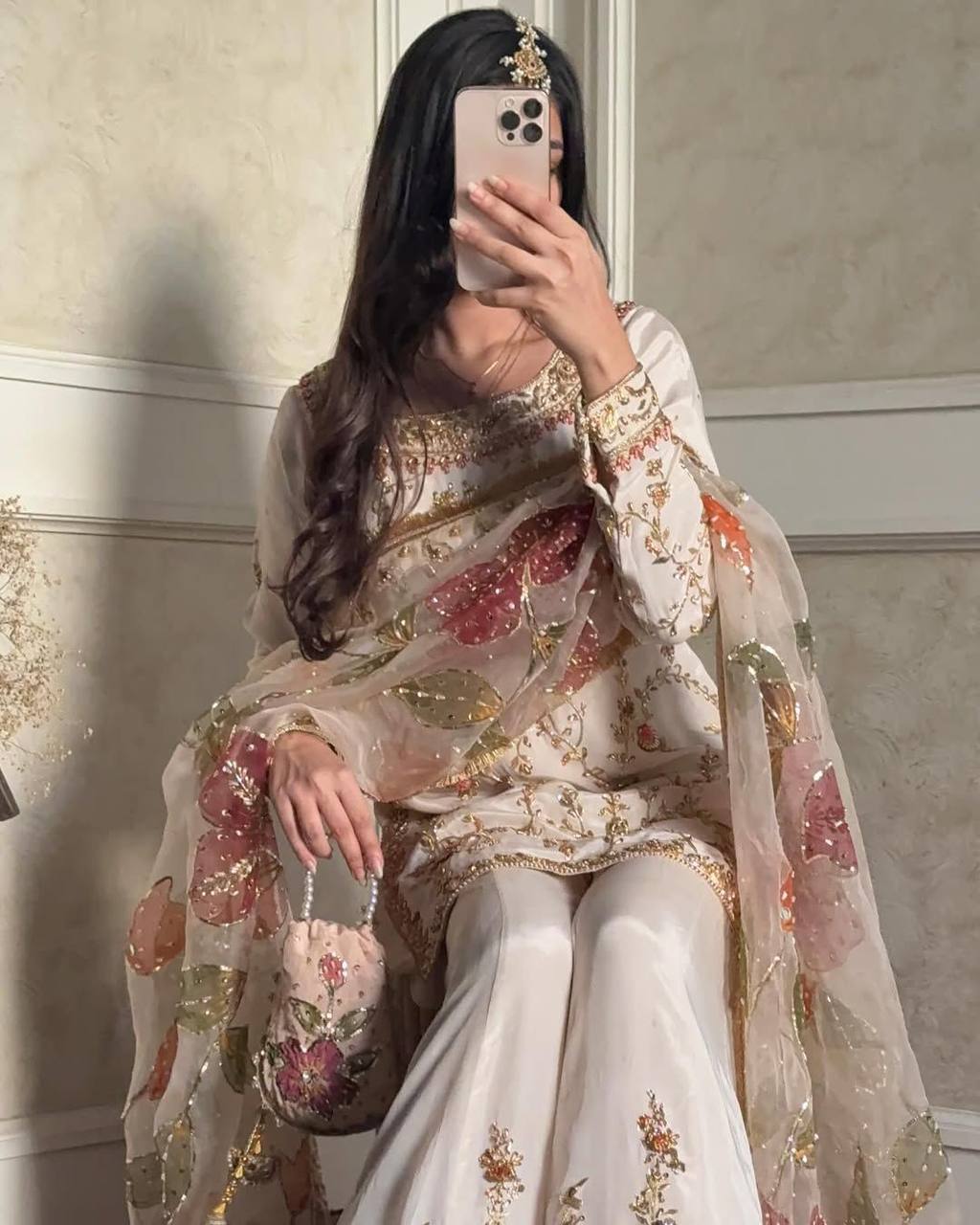 Ivory Blossom Embroidered Sharara Suit Set with Floral Dupatta