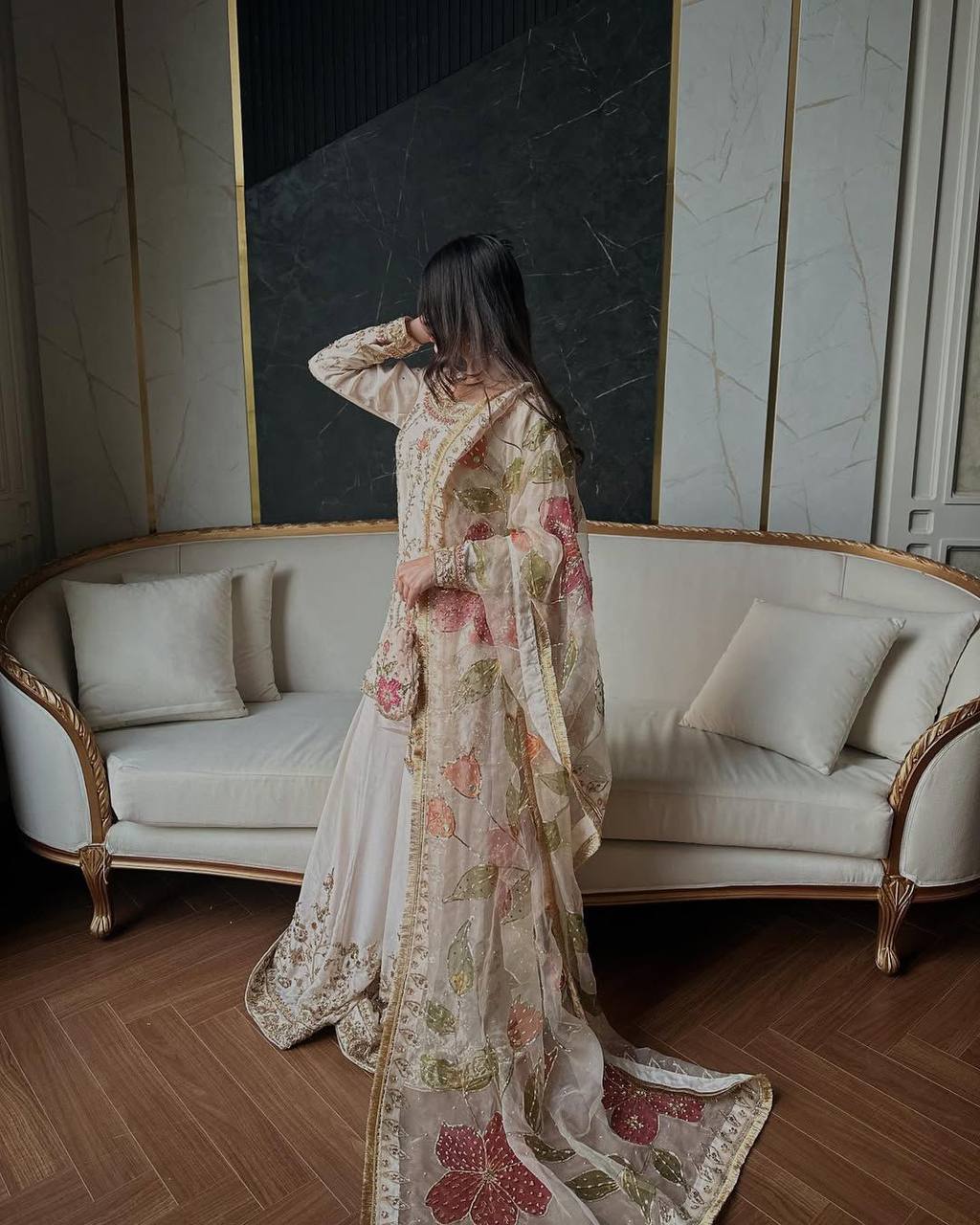 Ivory Blossom Embroidered Sharara Suit Set with Floral Dupatta