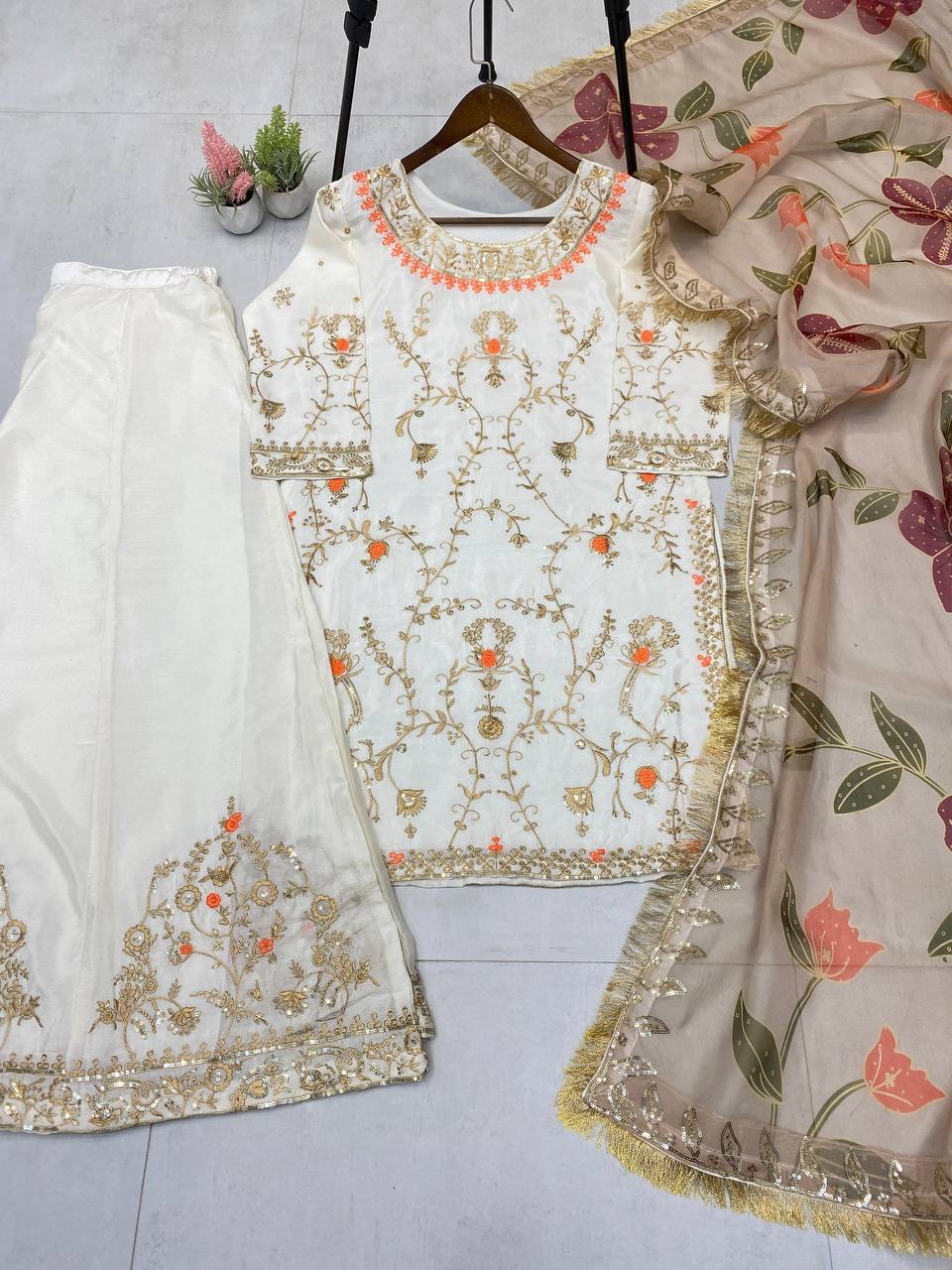 Ivory Blossom Embroidered Sharara Suit Set with Floral Dupatta