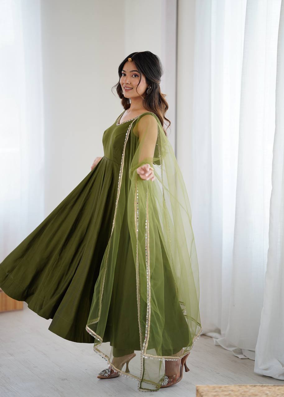 Jasmin Mahendi Color Roman Silk Anarkali Suit With Dupatta