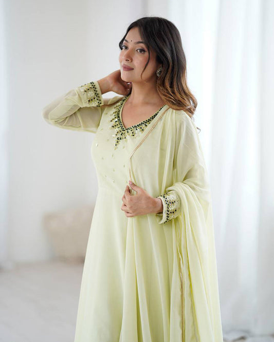 Kumudini Pista Georgette Hand Embellished Three Piece Anarkali Suit With Dupatta For Wedding