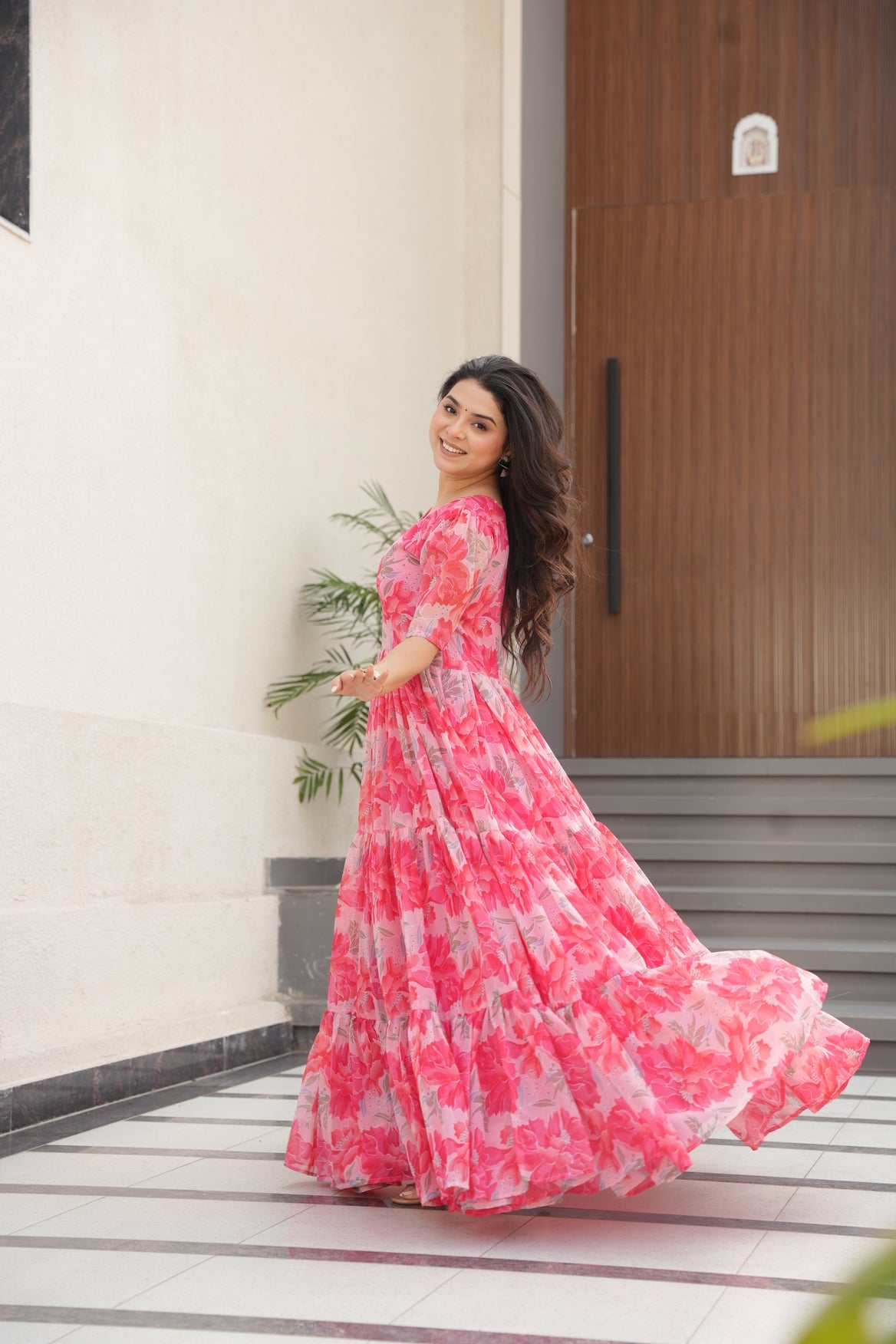 Peach Georgette Printed Dress
