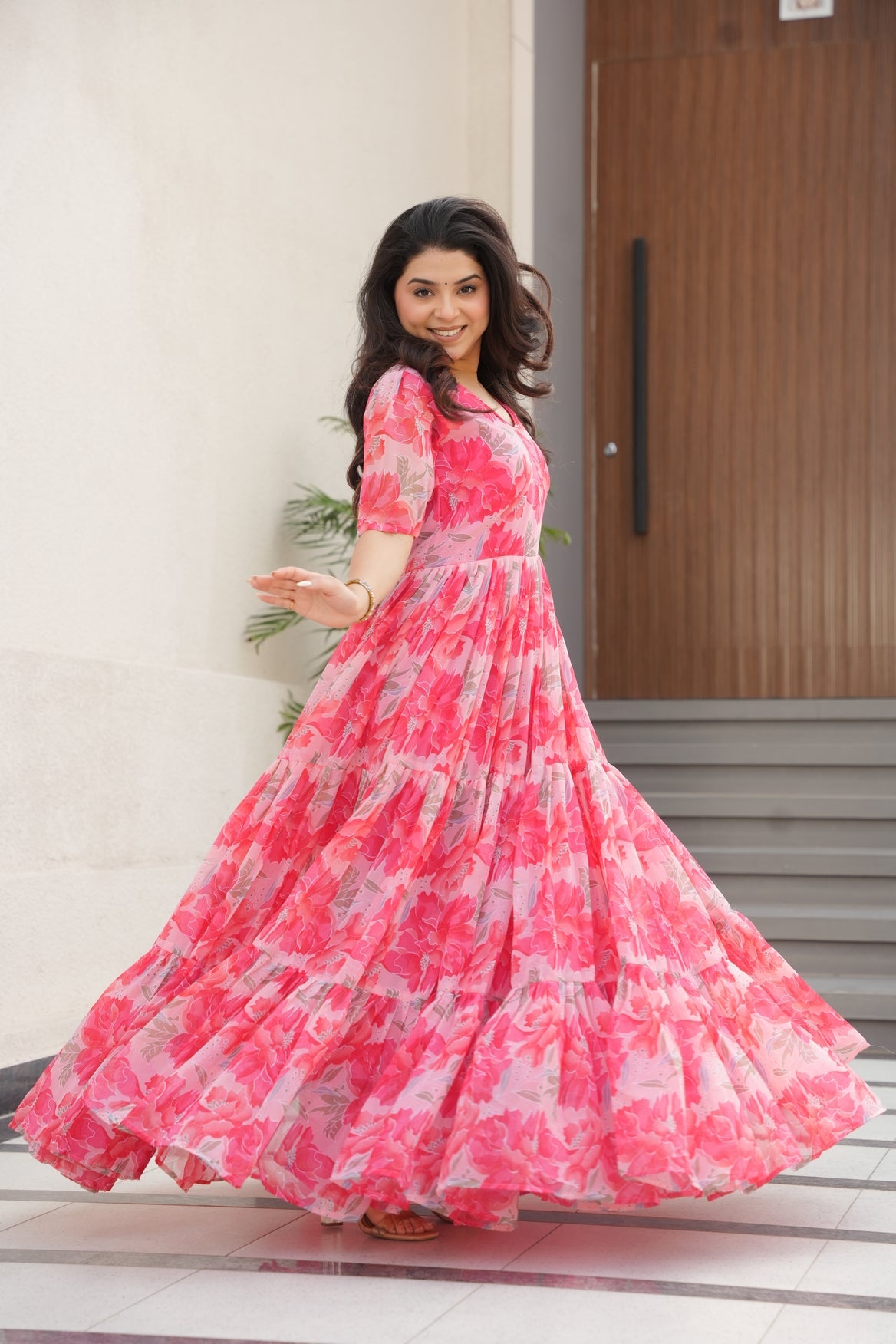 Peach Georgette Printed Dress