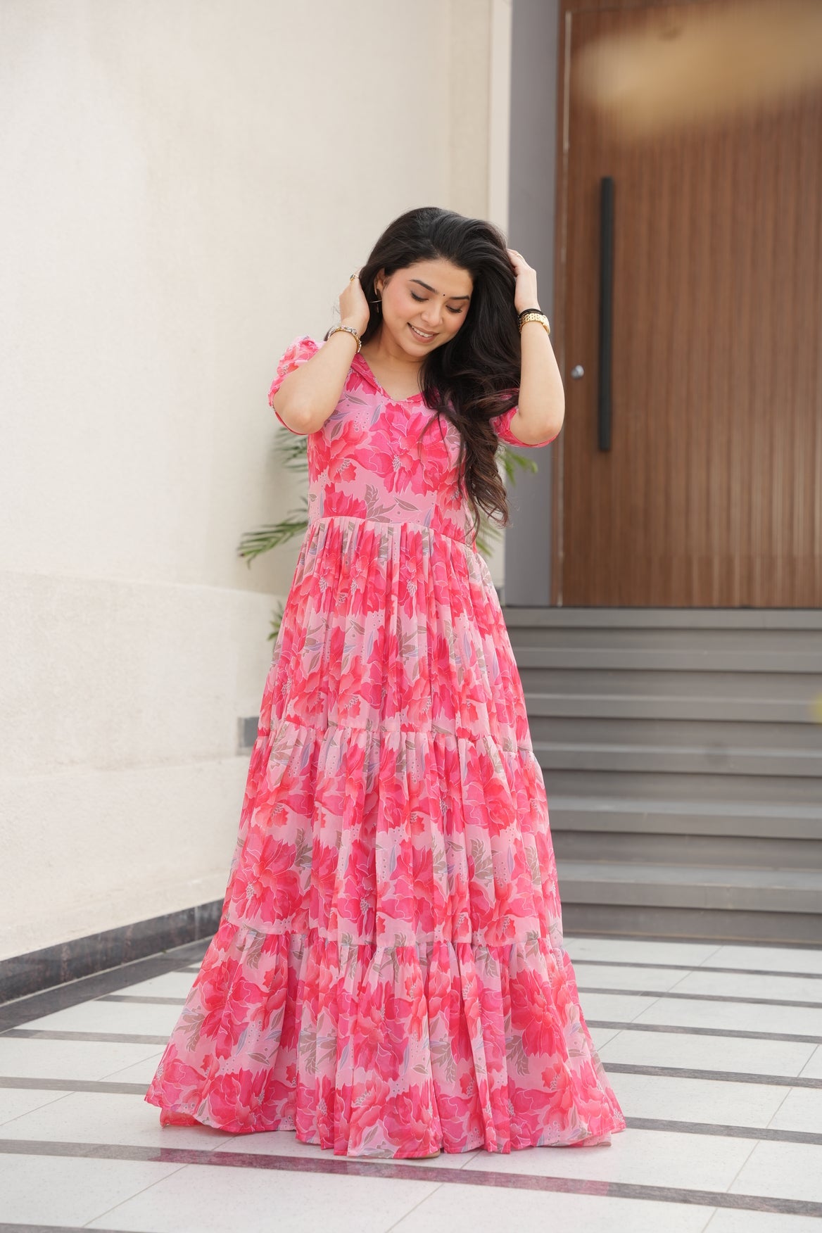 Peach Georgette Printed Dress