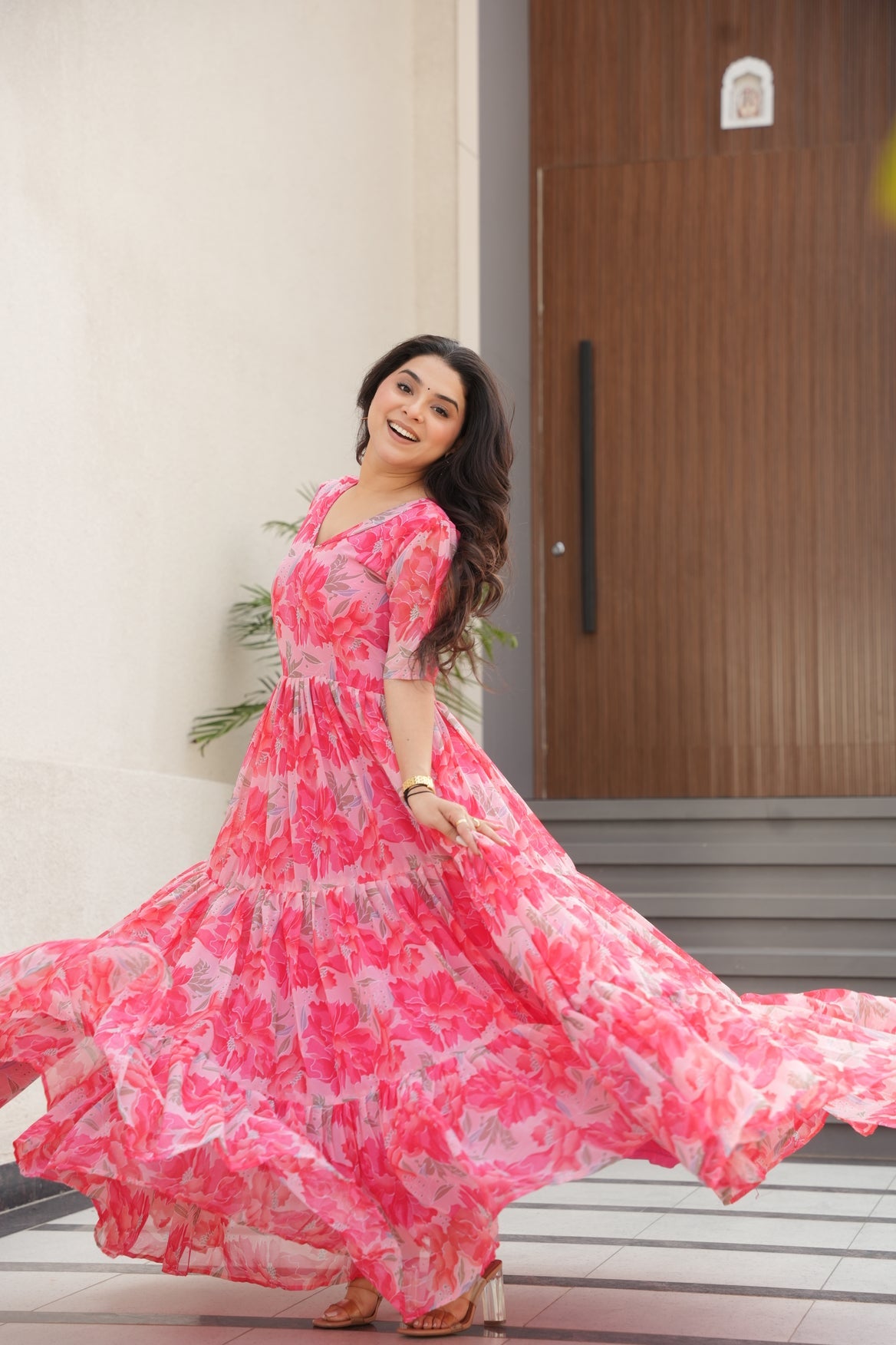 Peach Georgette Printed Dress