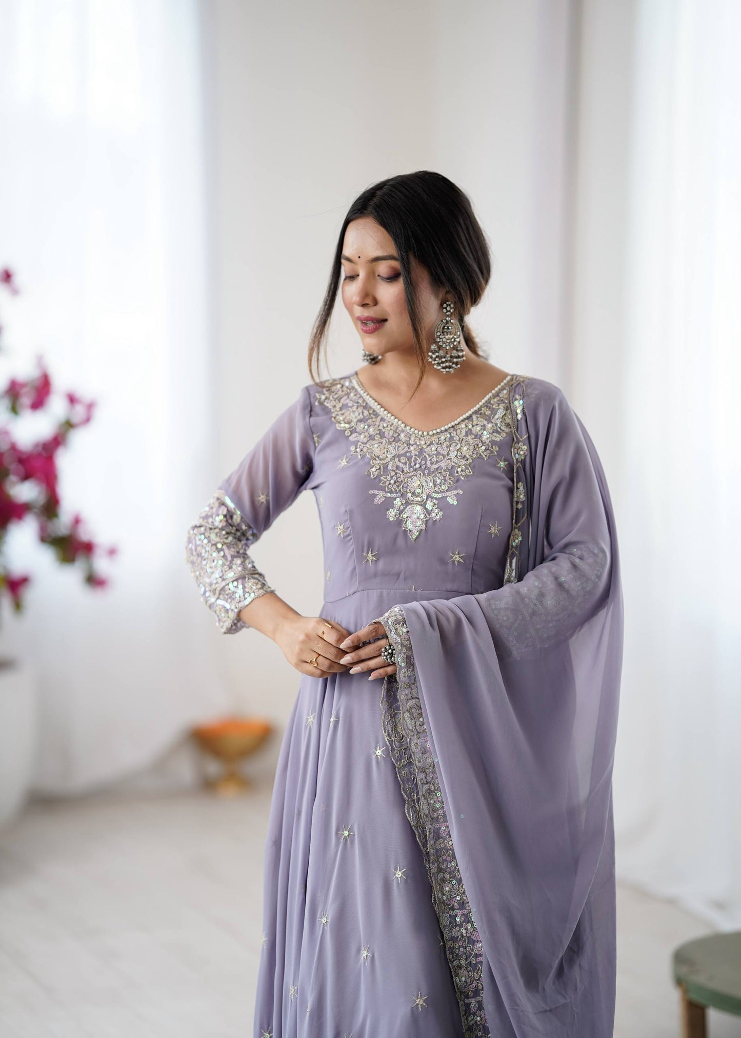 Lavender Georgette Embroidered Anarkali Suit for Wedding