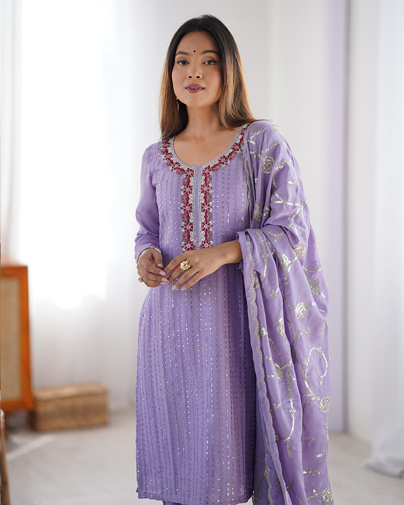 Light Purple Color Chinon Silk Three Piece Salwar Suit