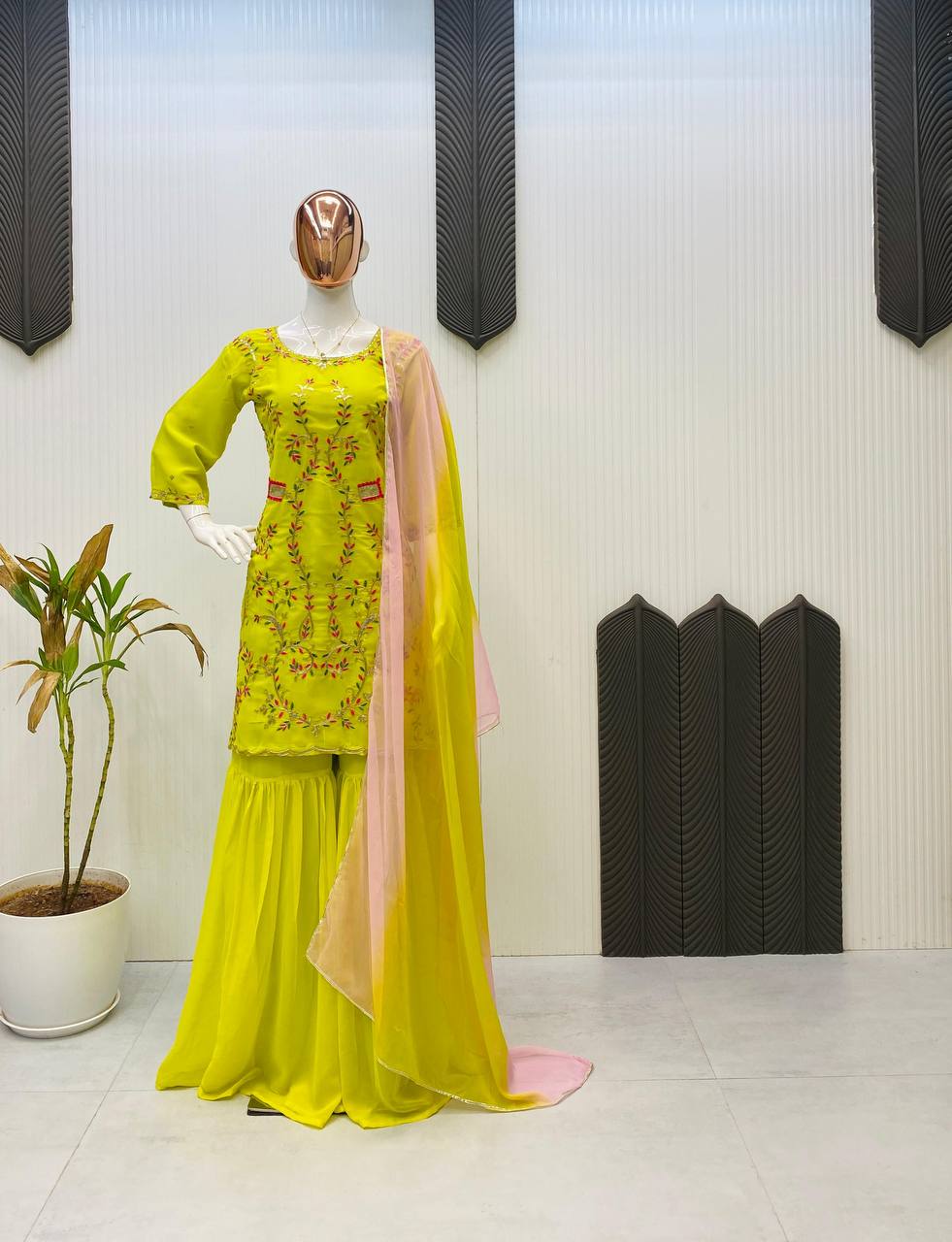 Lime Yellow Embroidered Faux Georgette Sharara Suit with Dupatta