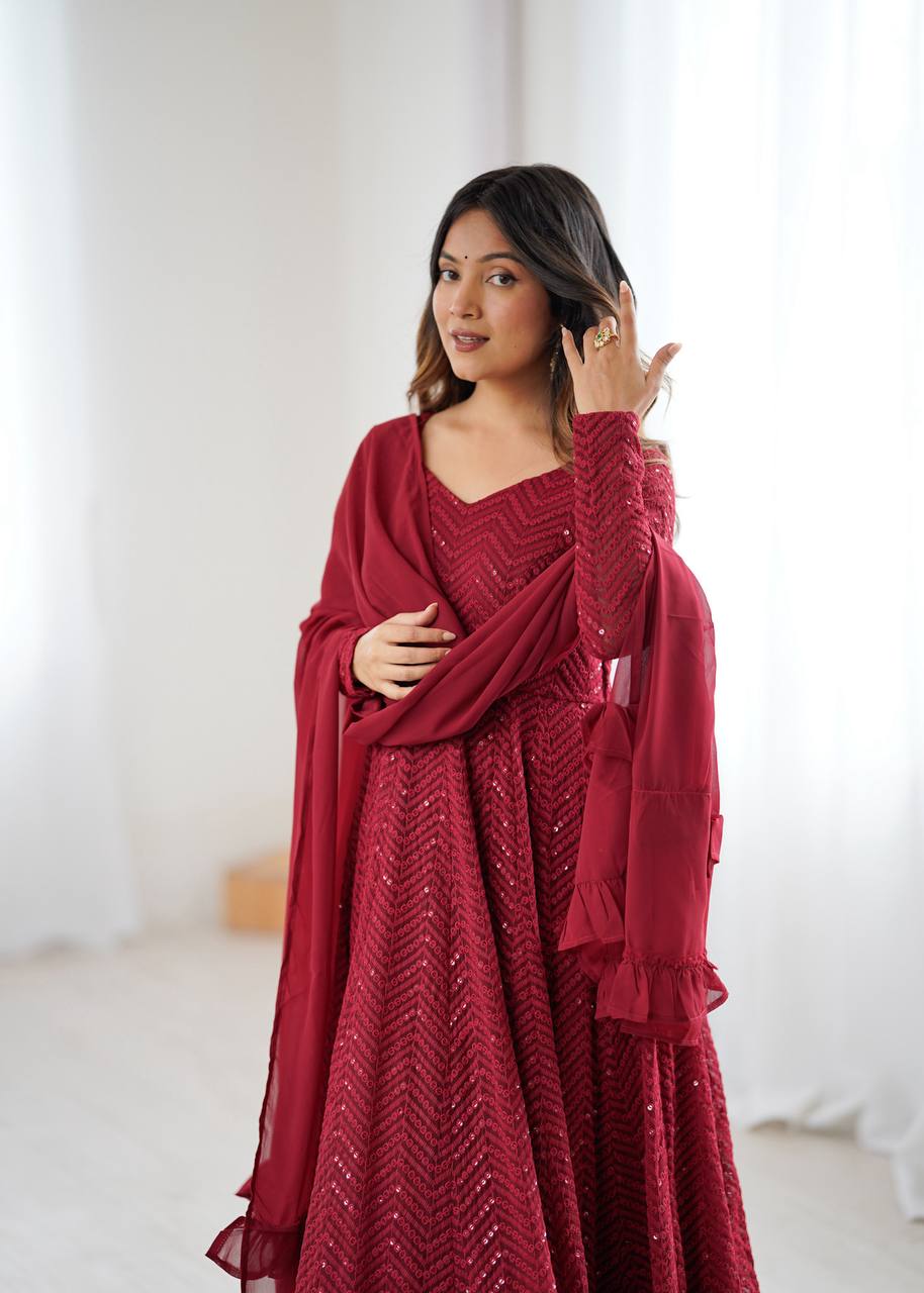 Maroon Color Georgette Lucknowi Three Piece Anarkali Suit