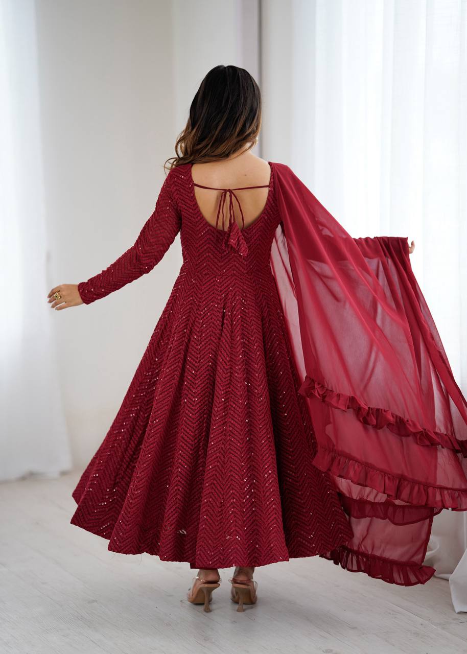 Maroon Color Georgette Lucknowi Three Piece Anarkali Suit