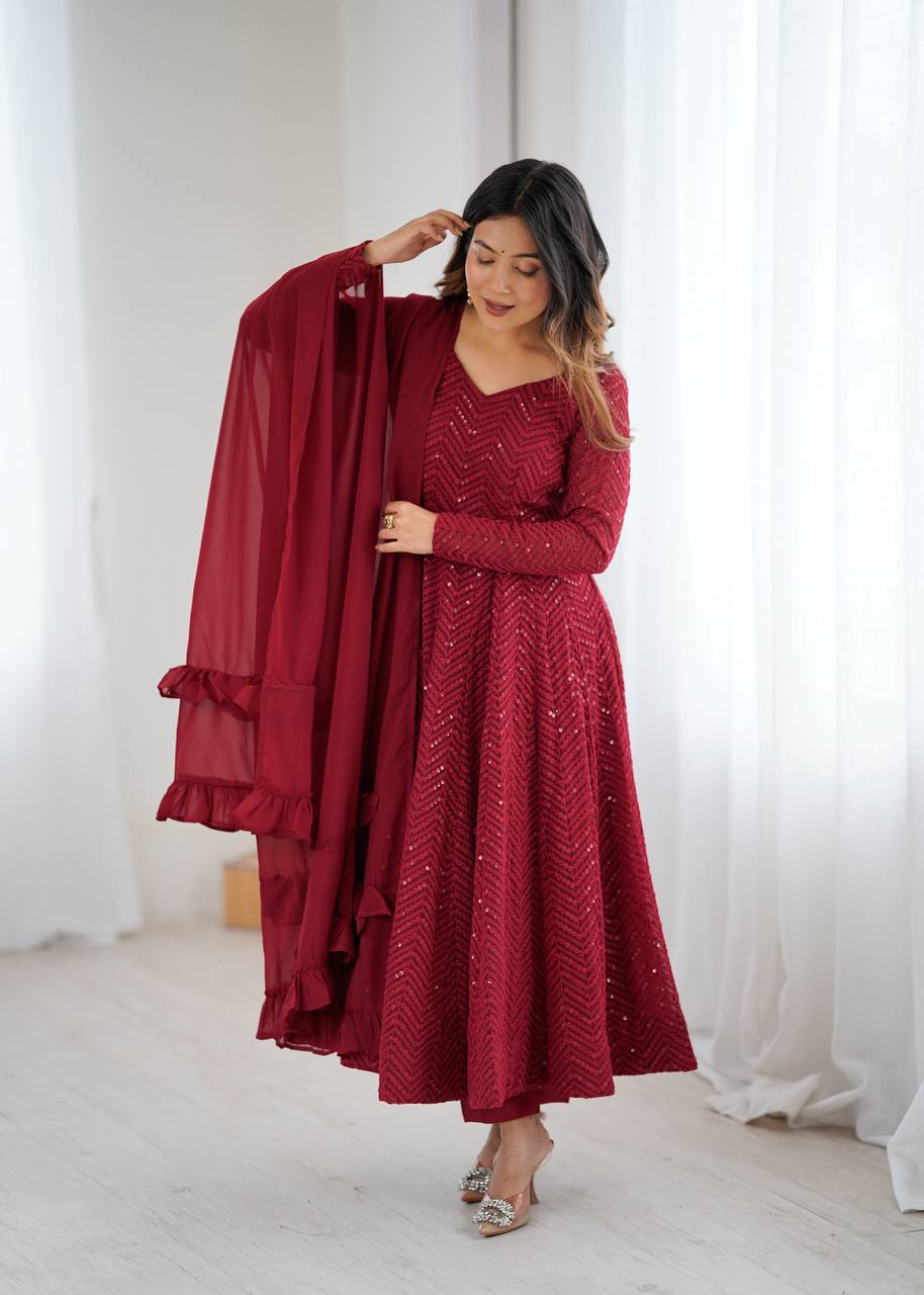 Maroon Color Georgette Lucknowi Three Piece Anarkali Suit