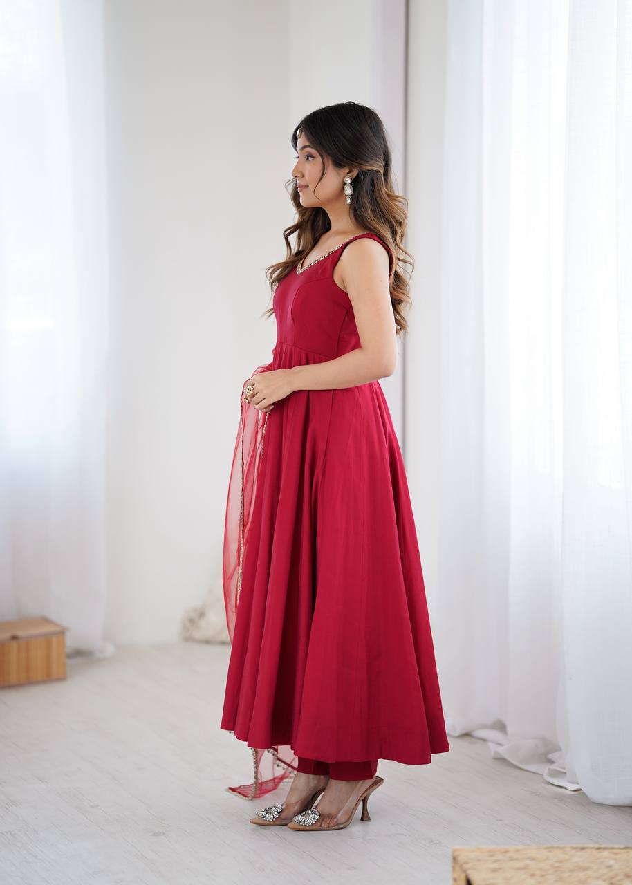 Maroon Designer Roman Silk Chanderi Anarkali Set with Dupatta