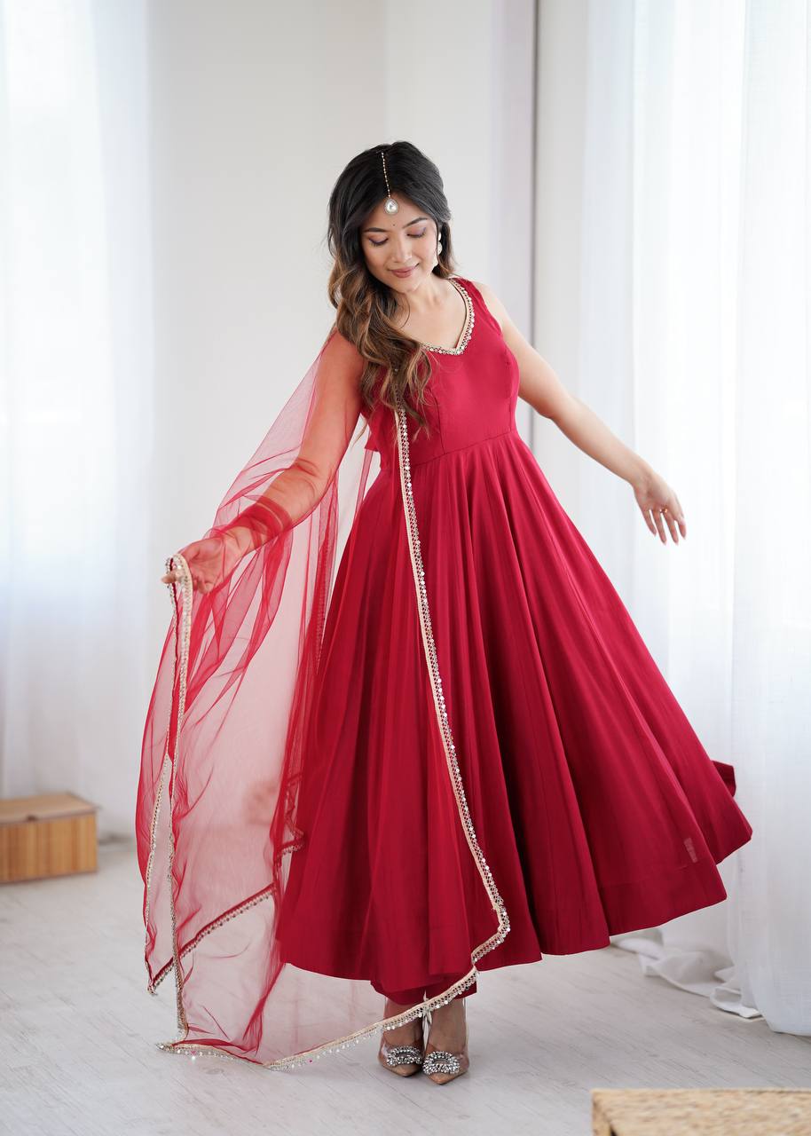 Maroon Designer Roman Silk Chanderi Anarkali Set with Dupatta