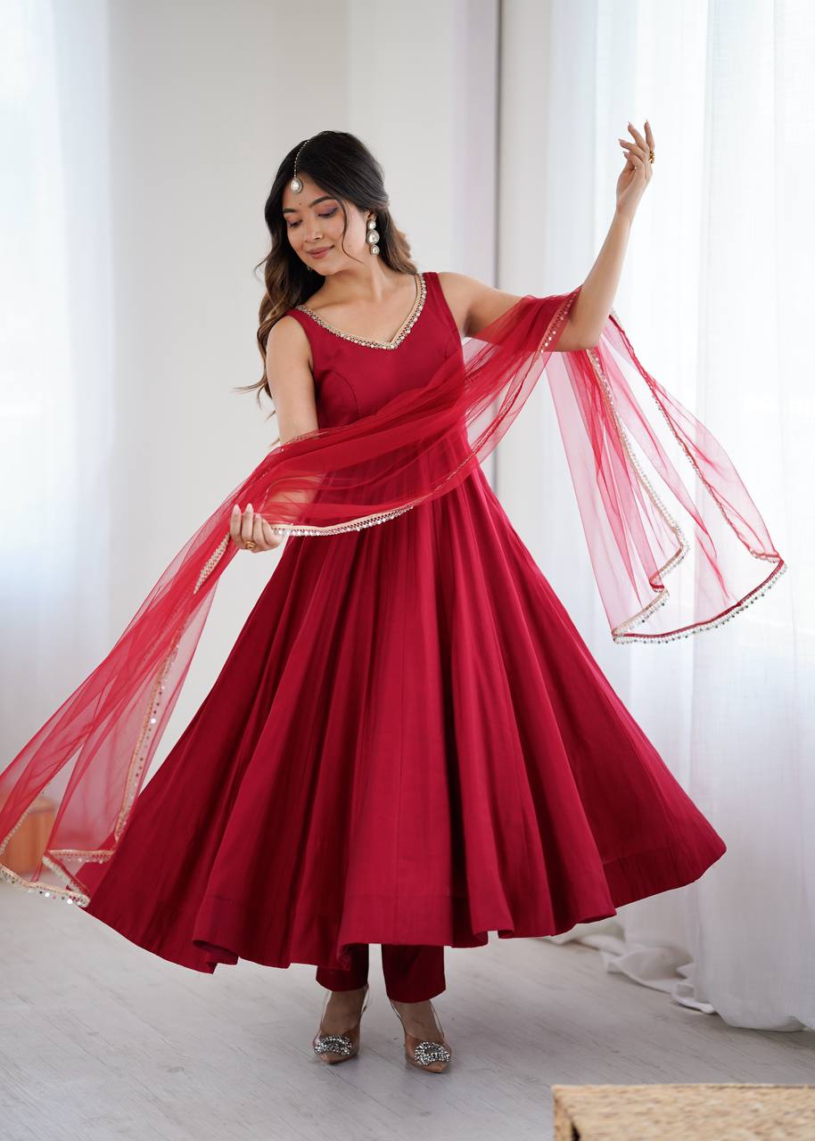 Maroon Designer Roman Silk Chanderi Anarkali Set with Dupatta