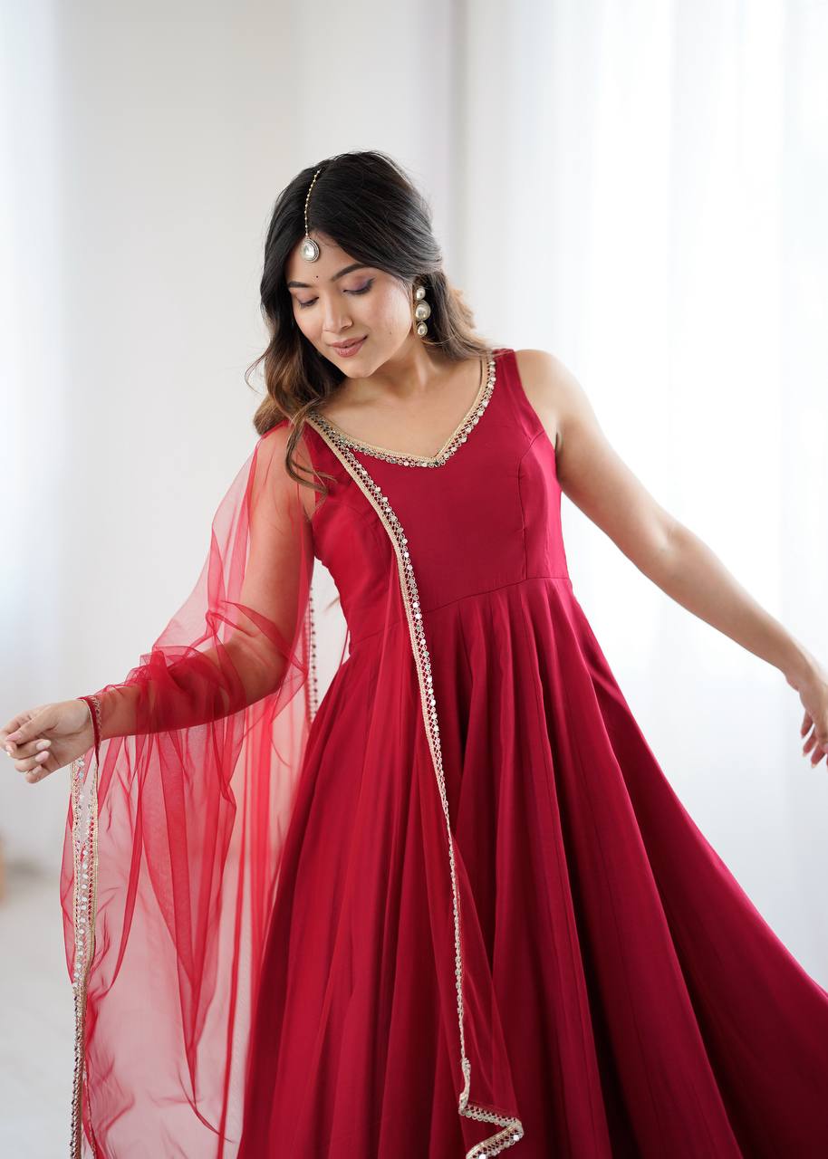 Maroon Designer Roman Silk Chanderi Anarkali Set with Dupatta