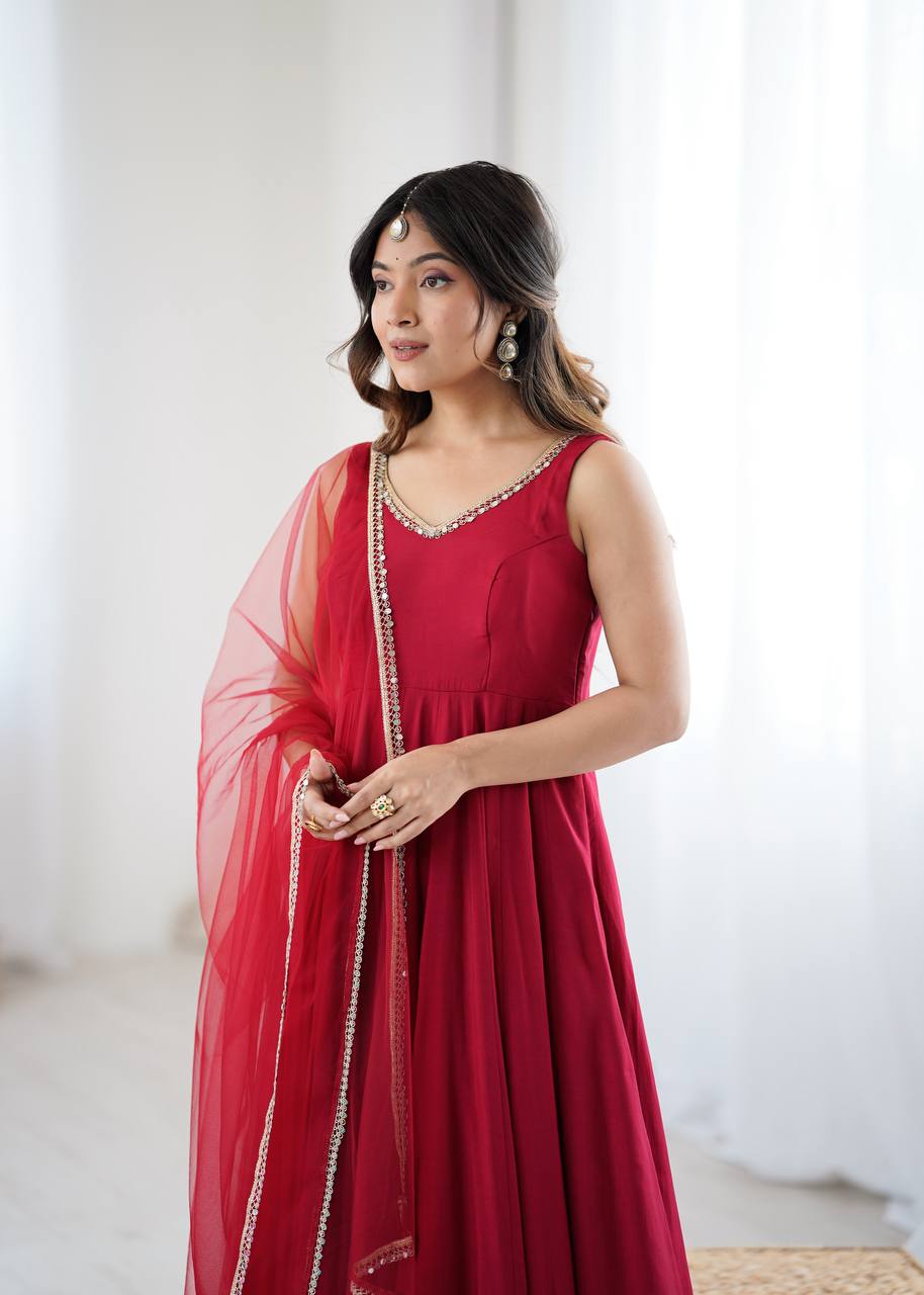 Maroon Designer Roman Silk Chanderi Anarkali Set with Dupatta