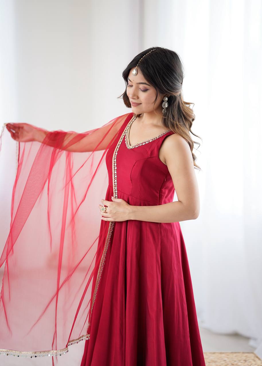 Maroon Designer Roman Silk Chanderi Anarkali Set with Dupatta