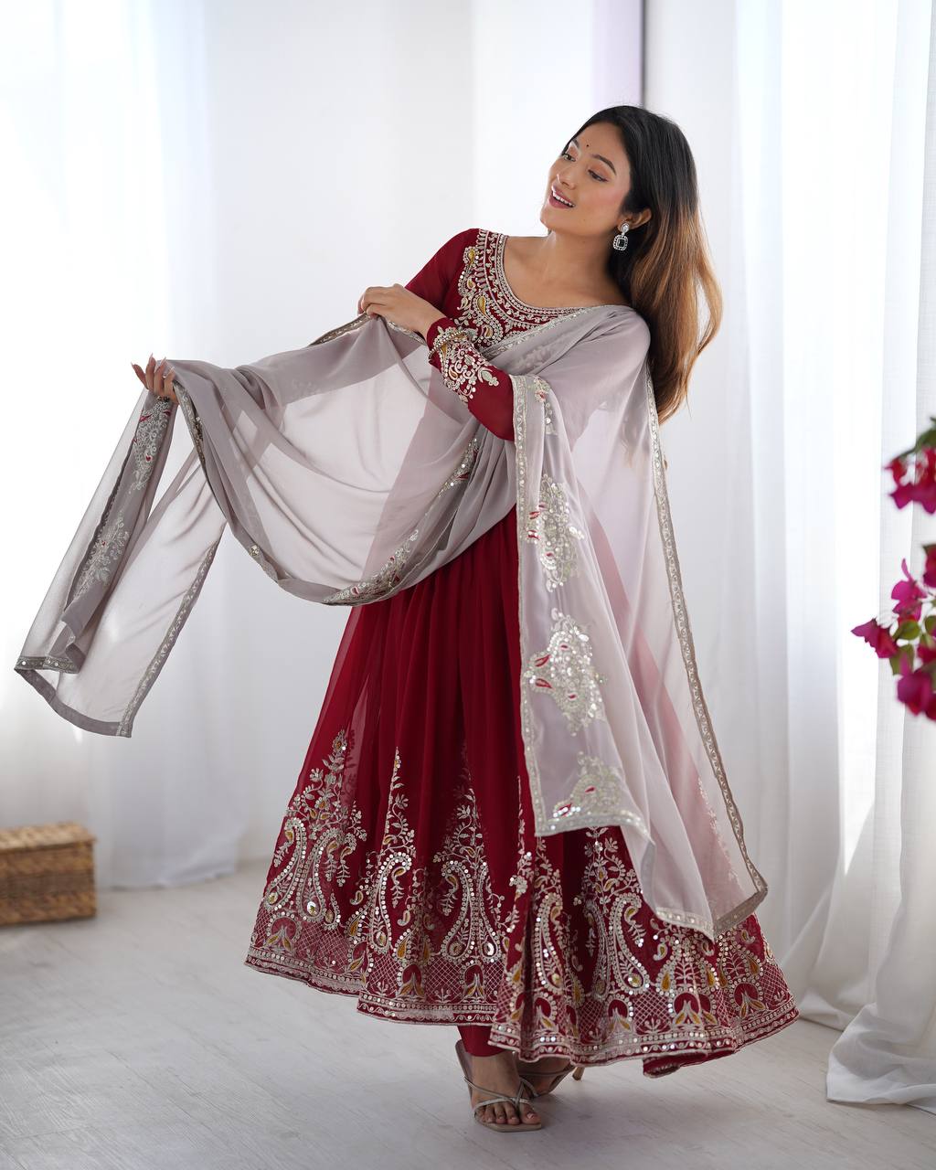 Maroon Embroidered Anarkali Suit with Dupatta for Diwali