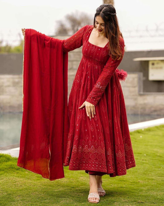 Maroon Embroidered Georgette Anarkali Suit Set