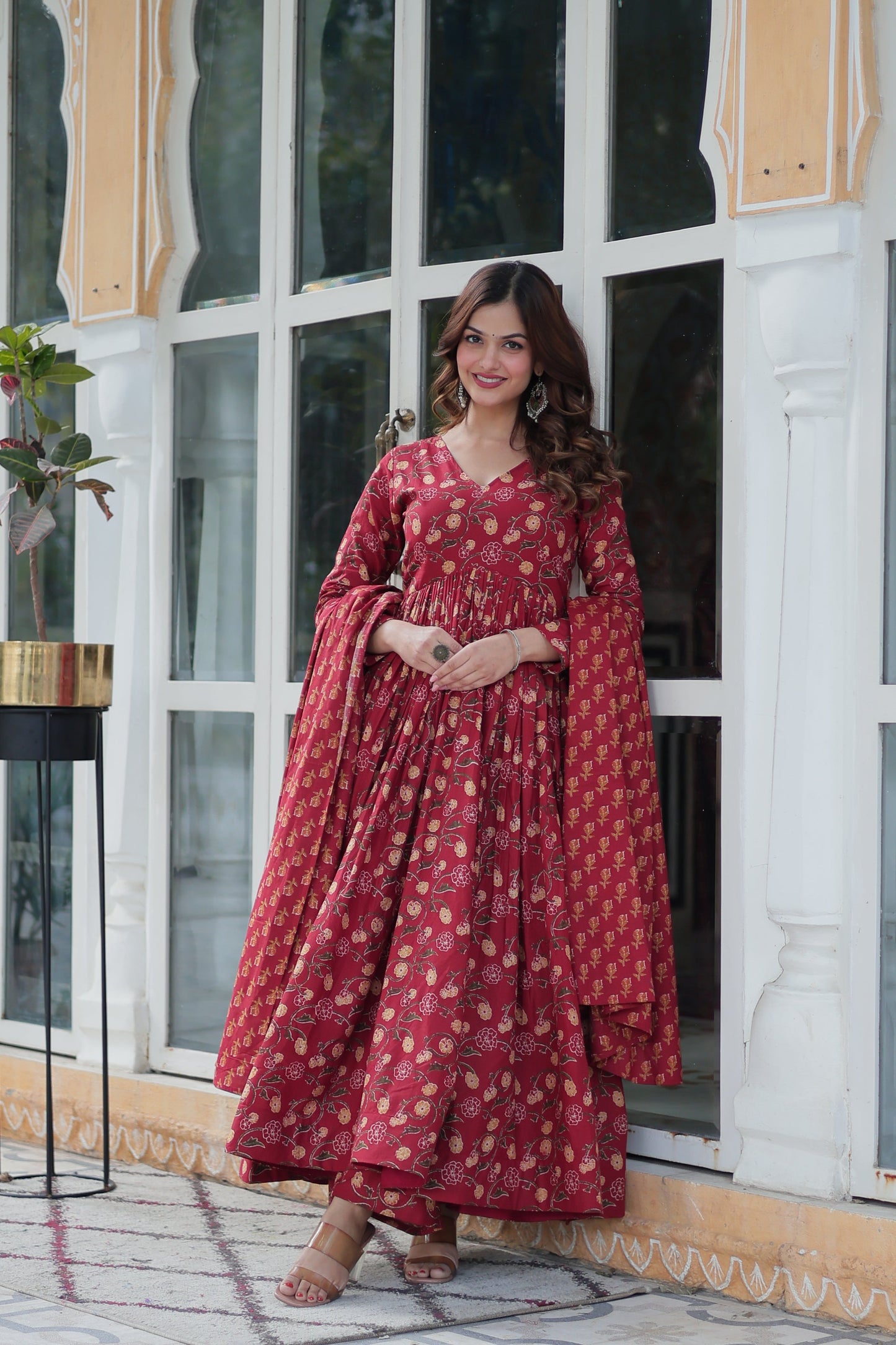 Maroon Printed Cotton Kurta Set For Women