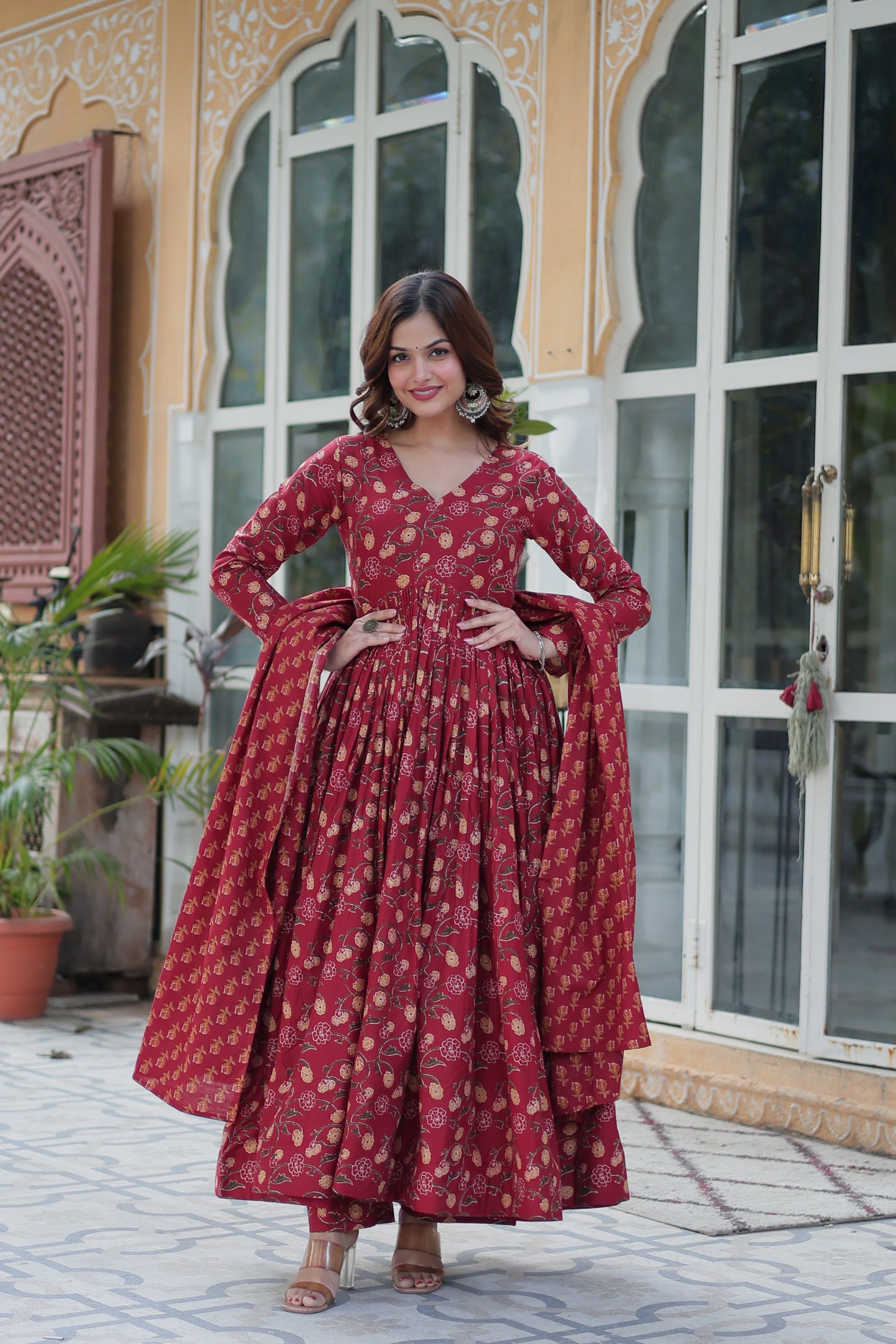 Maroon Printed Cotton Kurta Set For Women