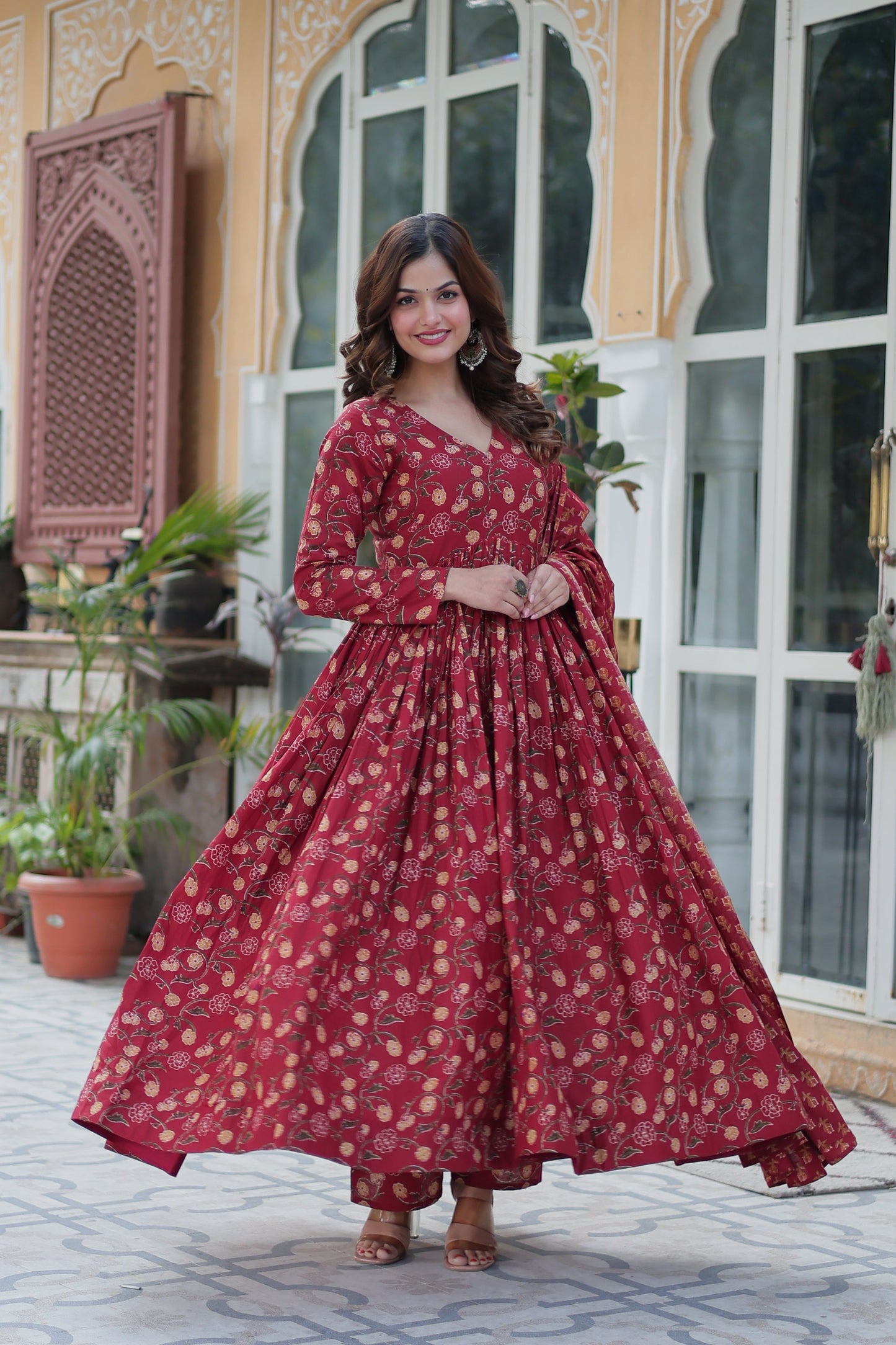Maroon Printed Cotton Kurta Set For Women