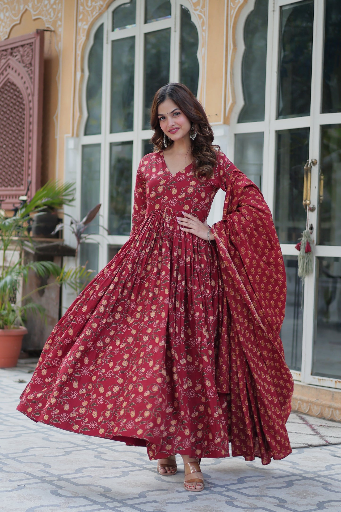 Maroon Printed Cotton Kurta Set For Women
