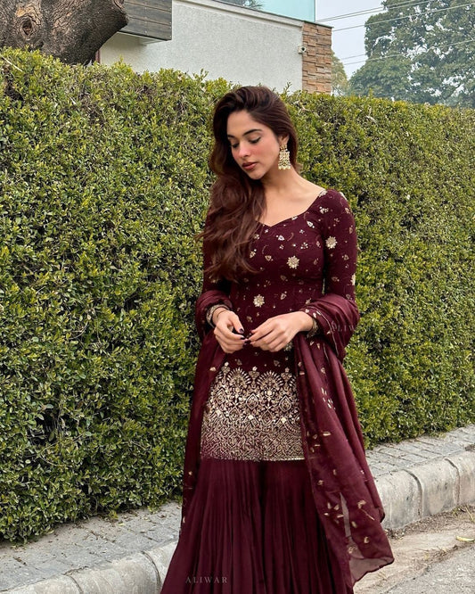Mesmerizing Embroidery Sequence Work Wine Color Sharara Suit
