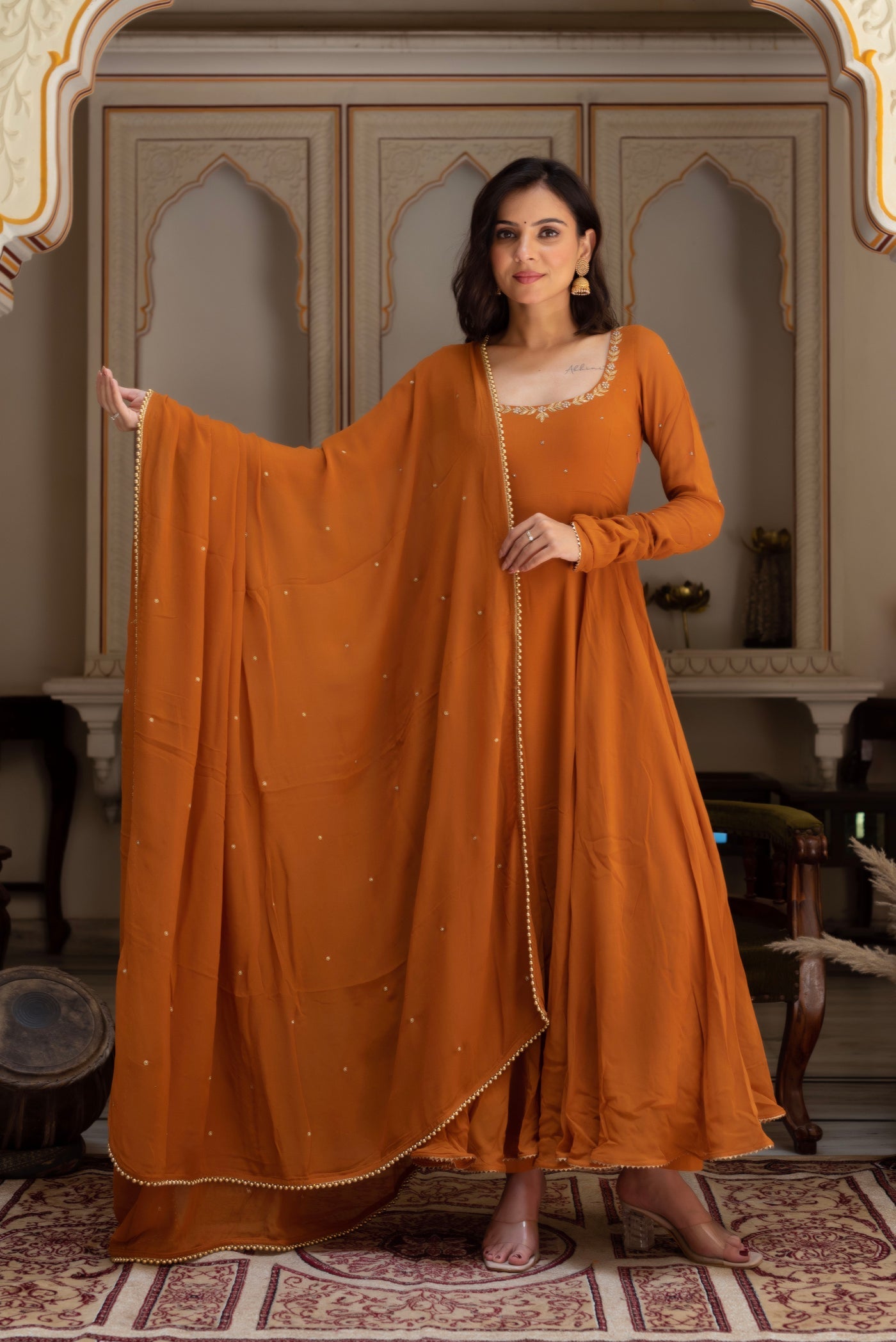 orange georgette dress Marigold Orange Full Flare Maxi Dress Georgette Gown with Dupatta Ethnic Dress for Women