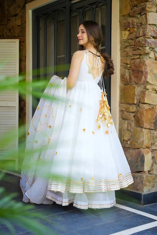 Nivara White Faux Georgette Anarkali Set with Hand Gotta Work