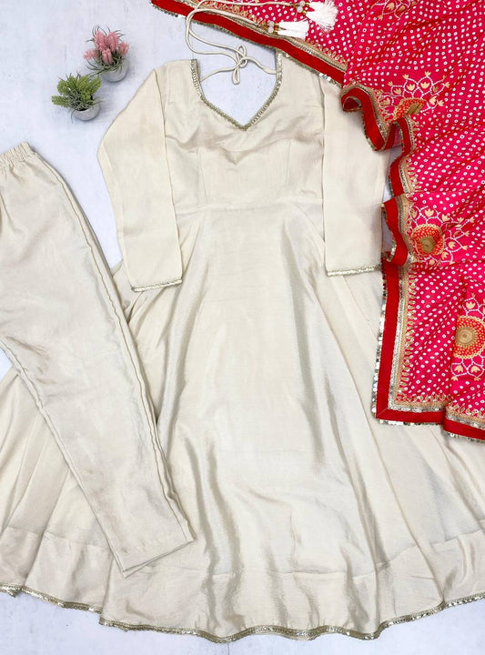 Noor Anarkali Suit Set with Traditional Red Bandhani Dupatta