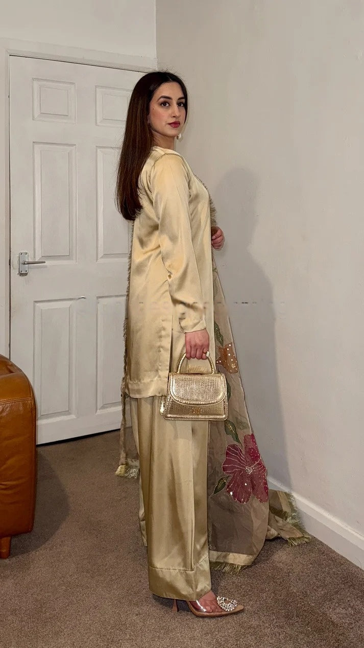 Nura Gold Designer Party Wear Look Top With Farshi Plazzo Suit