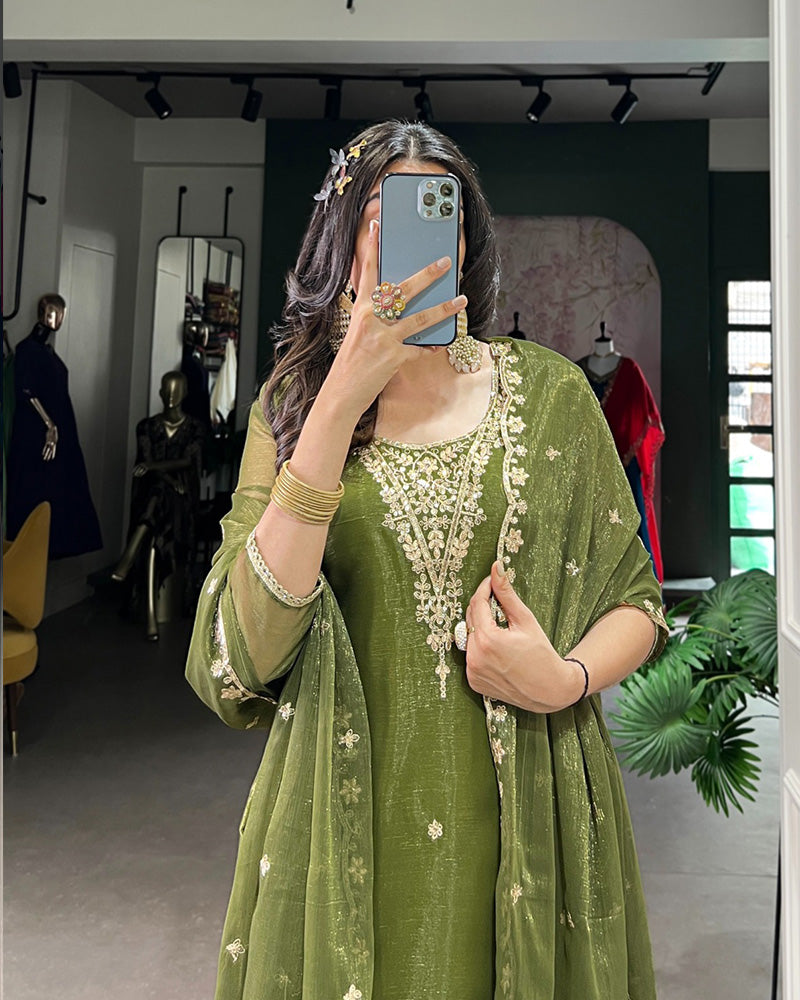 Olive Green Color Gold Coin Three Piece Salwar Suit