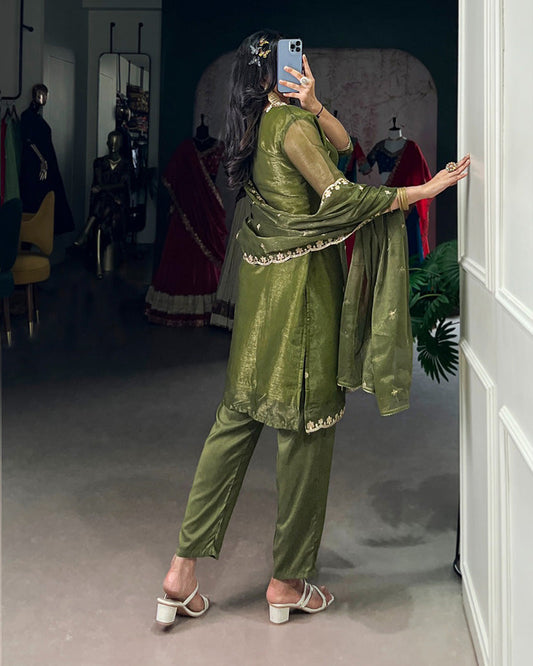 Olive Green Color Gold Coin Three Piece Salwar Suit
