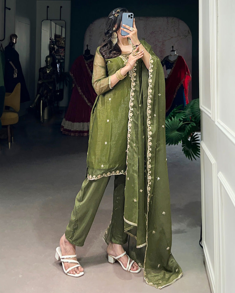 Olive Green Color Gold Coin Three Piece Salwar Suit