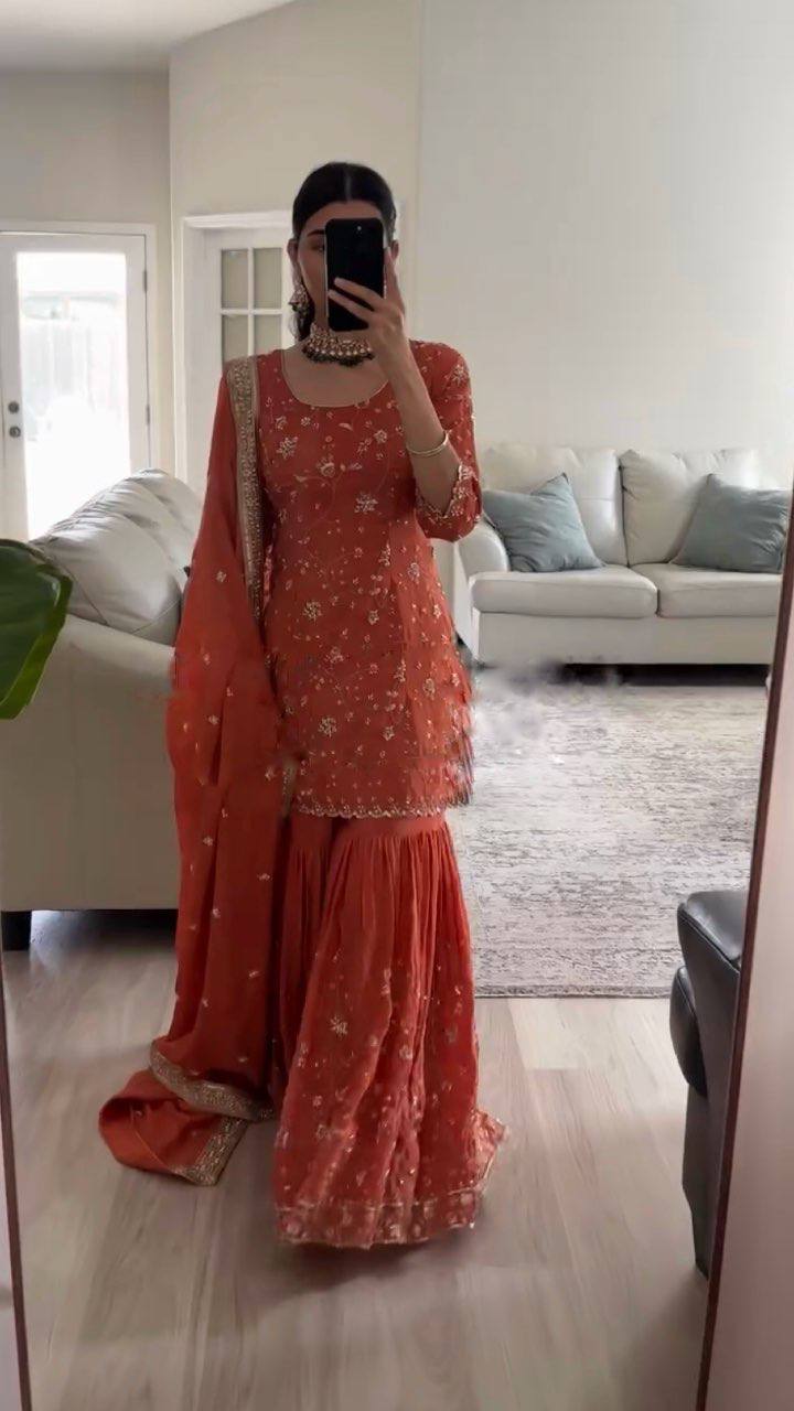 Orange Color Fox Georgette Embroidered Heavy Sequence Work Sharara Suit Set