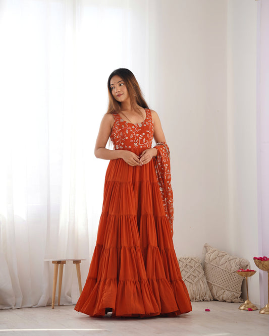 Orange Georgette Gown With Dupatta