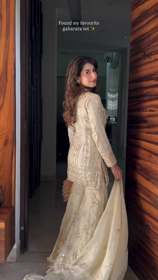 Orvina Designer Ivory Sharara Suit Set With Heavy Sequins & Embroidery Detailing Work