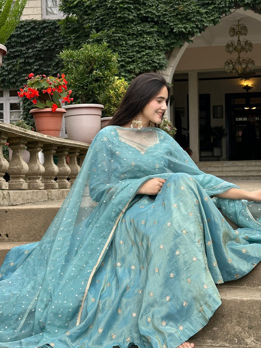 Parthi Sky Blue Anarkali Suit with Net Dupatta