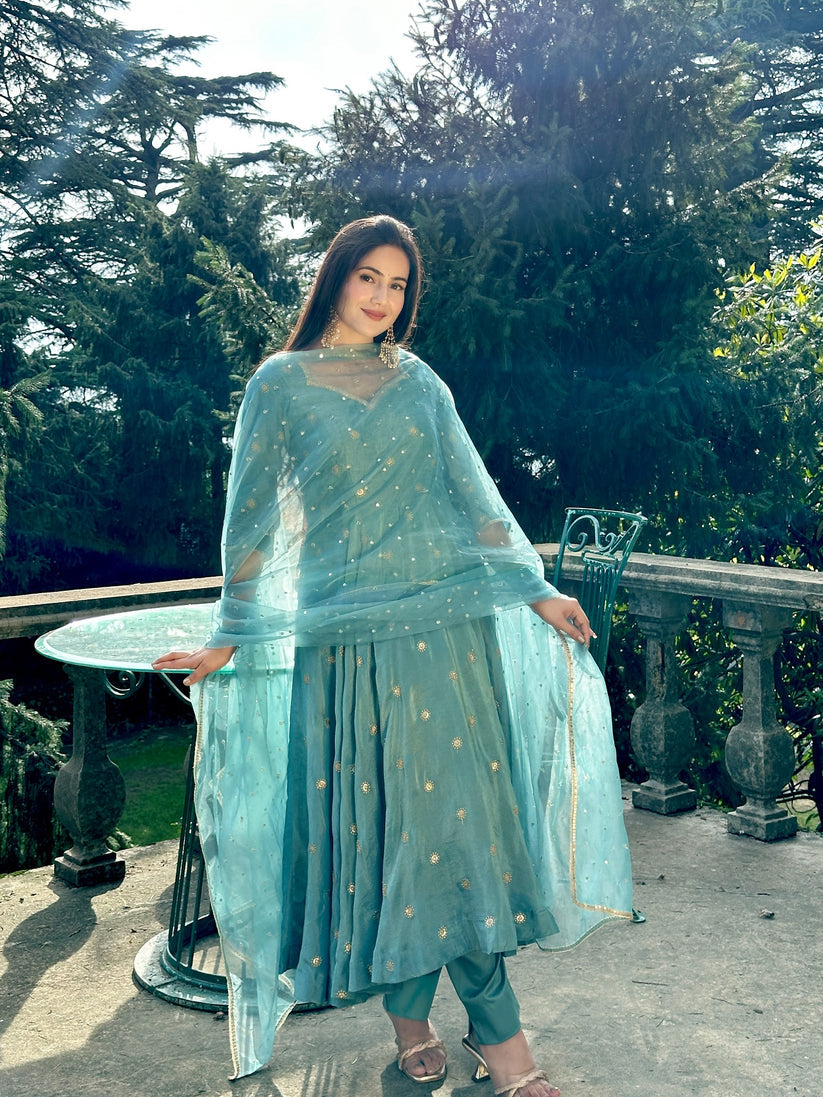 Parthi Sky Blue Anarkali Suit with Net Dupatta – Luxure Stitch