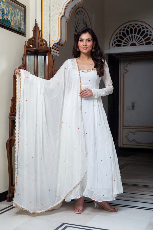 Pavitra White Georgette Hand Work Anarkali Suit Set With Dupatta