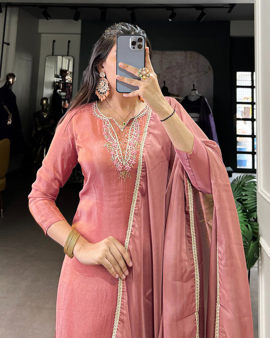 Peach Color Viscose Tissue Three Piece Salwar Suit