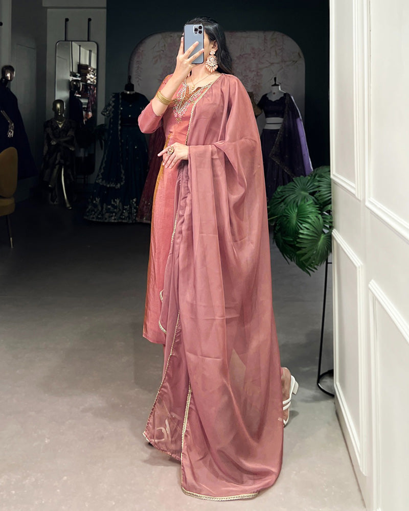 Peach Color Viscose Tissue Three Piece Salwar Suit