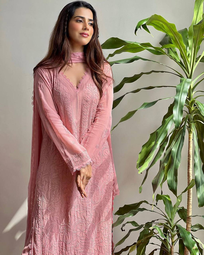 Peach Georgette Chikankari Embroidery Palazzo Set