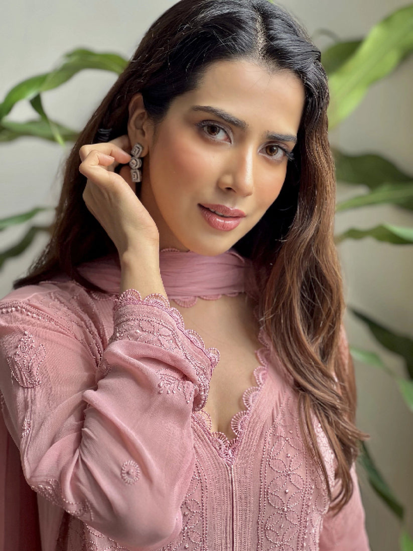 Peach Georgette Chikankari Embroidery Palazzo Set