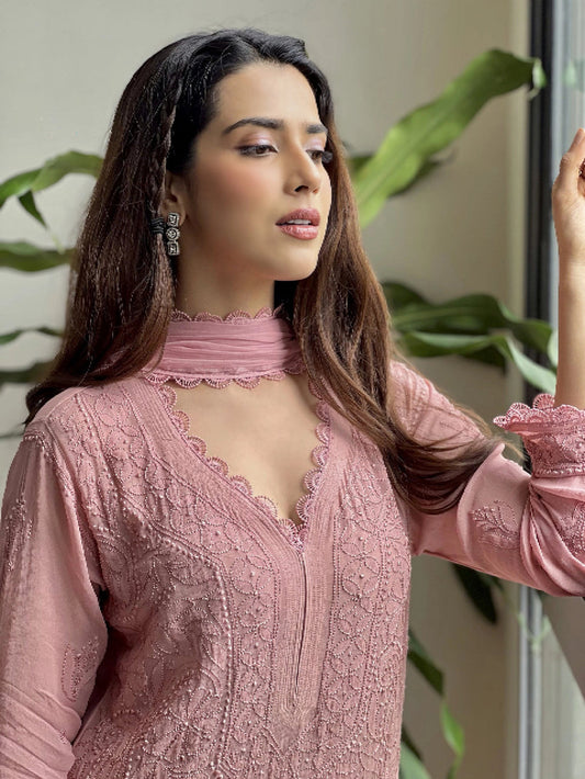 Peach Georgette Chikankari Embroidery Palazzo Set